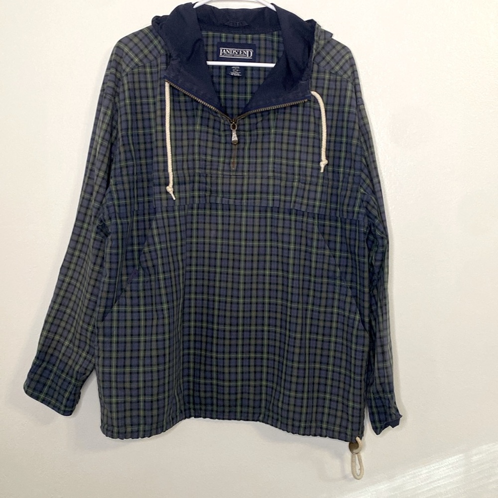 Lands’ End Vintage Sz Small Blue Plaid Quarter Zip Hooded Pullover Jacket